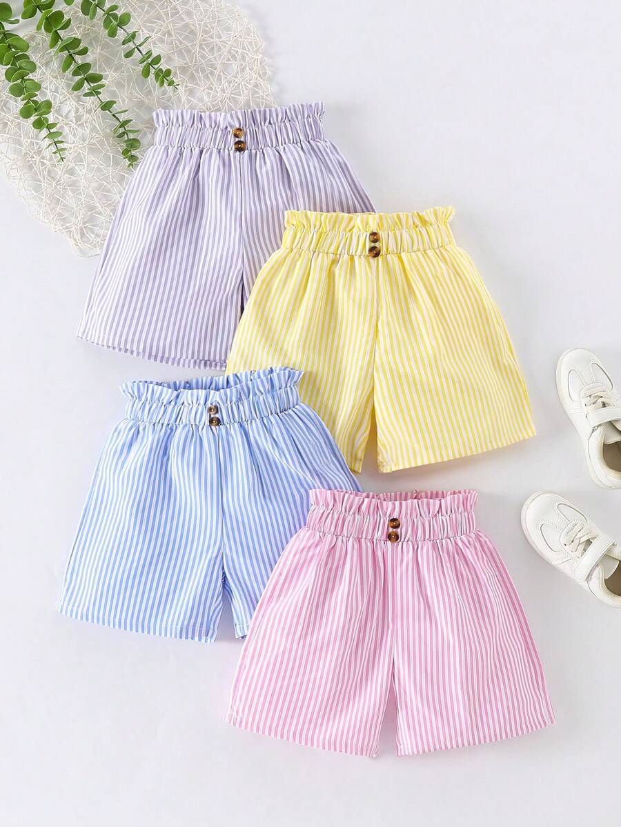 Tween Girls Multi-Color Striped Shorts, Simple Versatile Casual Striped 4-Piece Set, Summer Shorts For Girls, Outfit - Multicolor - View 1