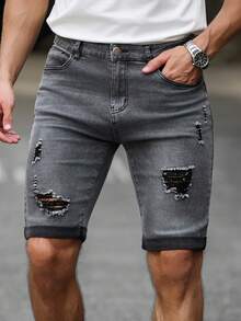 Manfinity Homme Men's Casual Versatile Daily Wear Denim Shorts With Pocket, Button And Distressed Design - Grey - View 3