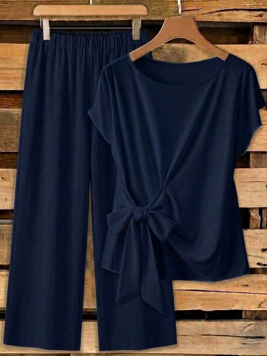 EMERY ROSE Plus Size Women Solid Color Side Knot Shirt And Pants Casual 2 Pieces Set - Navy Blue - View 1