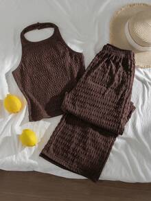 SHEIN Teen Girls Solid Color Ribbed Cropped Camisole And Wide Leg Pants Casual Set Back To School, Holiday Outfits - Brown - View 1