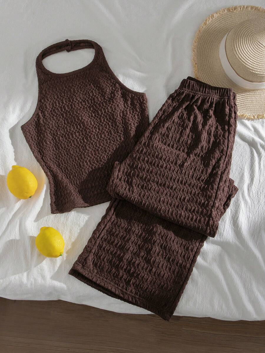 SHEIN Teen Girls Solid Color Ribbed Cropped Camisole And Wide Leg Pants Casual Set Back To School, Holiday Outfits - Brown - View 1