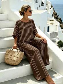 SHEIN Holidaya 法式隨性風條紋喇叭袖兩件套－夏季度假顯瘦寬鬆透視上衣與寬腿褲套裝 - 棕色 - 查看 4