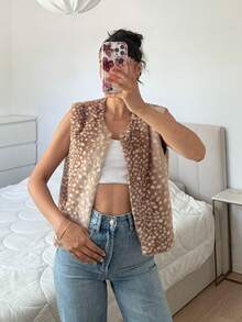 SHEIN EZwear 復古70年代優雅休閒街頭風棕色與白色波點人造毛無袖背心，生日旅行杜拜假期冬季日常穿搭 - 摩卡棕 - 查看 11