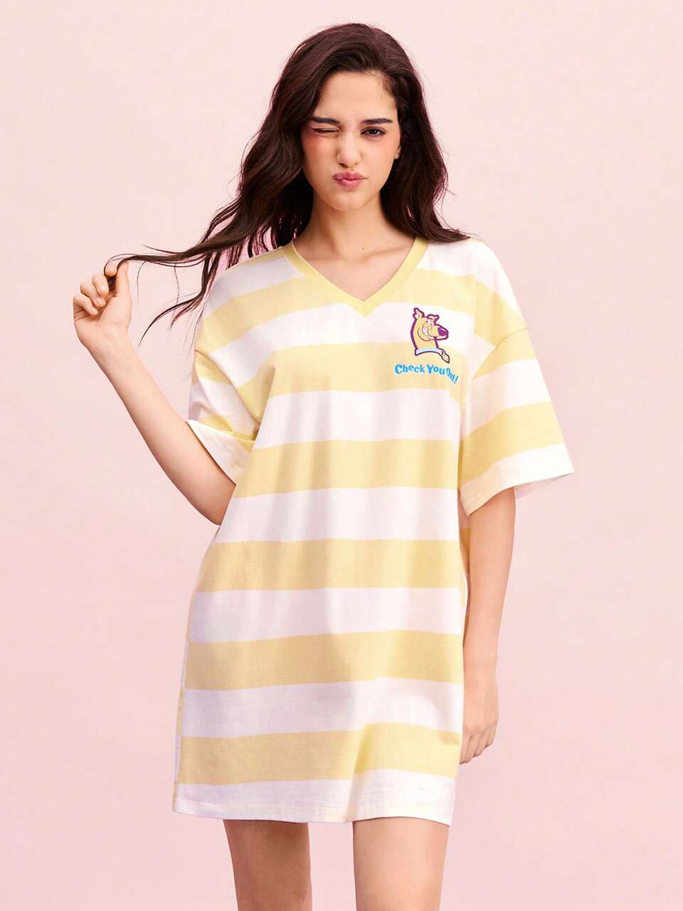 V-Neck Striped Nightgown Sleep Dress With Cartoon Print
