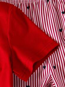 Girls 2-Piece Set, Basic Casual Slouchy Solid Color Outfit, Heart Print, Side Patchwork Design, Round Neck Short Sleeve T-Shirt, Paired With Heart Pattern Red Striped Textured Fabric Straight Leg Pants Set, Suitable For Daily/Outing Occasions, Spring Summer/All Season Style, Children's Daily Comfortable Summer Outfit, Girls Wear - Red - View 6