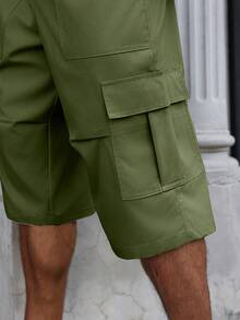 Manfinity Homme Plus Size Men's Drawstring Waist Solid Color Casual Versatile Daily Wear Cargo 3/4 Pants - Army Green - View 4