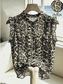 SHEIN Franclia 女款法式復古豹紋雪紡襯衫，荷葉邊飾邊，適合夏季、春季、復活節、節慶活動、派對場合、海灘婚禮、畢業典禮、戶外活動 - 杏色 - 查看 1