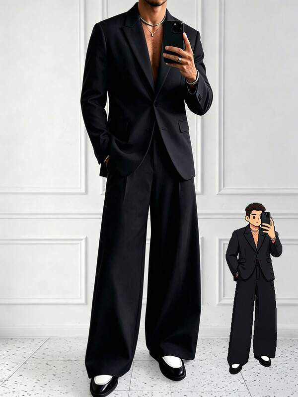 HUEFORM Conjunto de blazer de manga larga con botones de unicolor para negocios y pantalones de traje holgados con bolsillos casuales para hombres