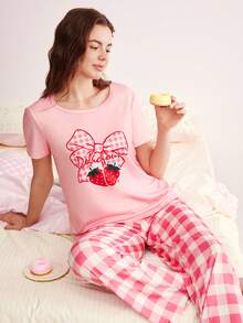Eraneu Women's Strawberry Bow Print Short Sleeve & Plaid Long Pants Pajama Set - Pink - View 4