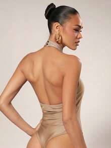 Hauture 1pc Women's Summer Sexy Beach Vacation Style Minimalist Solid Color Backless Halter Neck One-Piece Swimsuit - Khaki - View 7