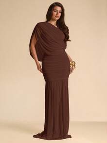 SHEIN BAE Autumn Solid Dark Brown Asymmetrical Shoulder Women's Elegant Fitted Bodycon Mesh Extra Long Fishtail Dress, Flowy Dress, Vacation, Beach Formal Party - Coffee Brown - View 5