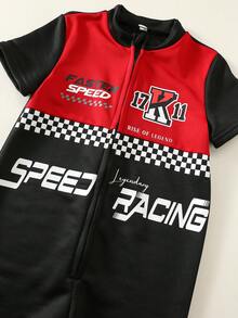 SHEIN 小男孩休閒運動拼接撞色立領短袖賽車服 機車服 F1賽車手連身衣 字母圖案針織柔軟小立領短袖連身短褲 適合外出、度假、旅行，春夏季穿著 - 彩色 - 查看 7