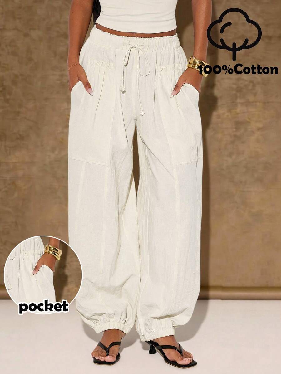 Normani Women's Off-White Balloon Pants, Summer Linen Casual Pants, Comfortable Elastic Waistband, Versatile Everyday Travel Trousers, Beige Style, Vacation
