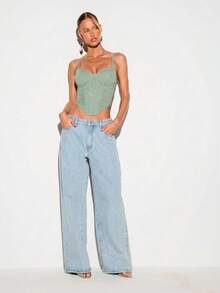 KIZN Ruched Mesh Insert Corset Crop Top With Lace-Up Back And Spaghetti Straps For Summer Nights - Blue - View 3
