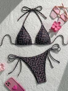 Swim Mod 女款夏季海灘幾何印花掛脖繫帶性感時尚比基尼兩件式泳衣套裝 - 彩色 - 查看 2
