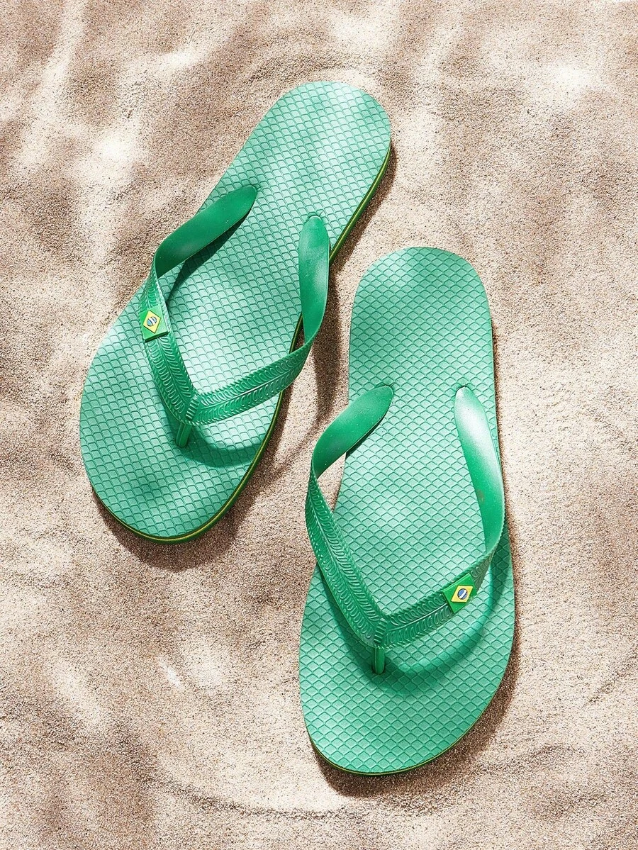 Grefit CUCCOO 撞色印花平底人字拖,居家和沙滩穿着舒适 - 軍綠色 - 查看 1