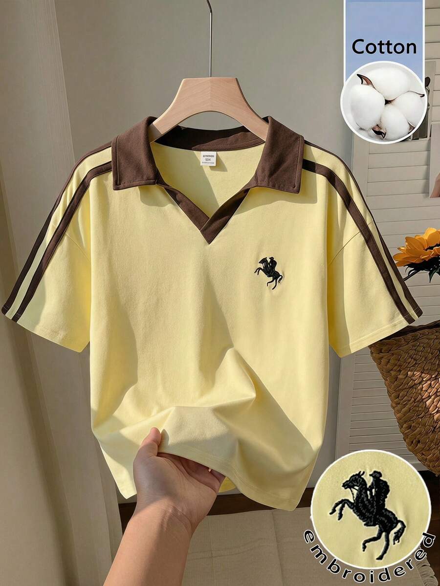 SHEIN Tween女孩運動街頭開學休閒大學風黃色POLO領撞色裝飾短袖寬鬆T恤 - 黃色 - 查看 1