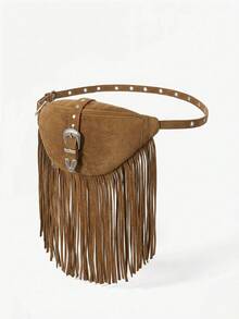 Viva Strut Women's Retro Hardware Buckle And Rivet Tassel Waist Bag/Chest Bag, Brown, Fashionable Personalized Street Style, Sweet And Cool Girls Y2K - Suede Brown - View 2
