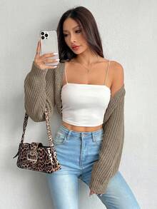 SHEIN PETITE 女款休閒百搭純色短版開襟羊毛衫 - 駝色 - 查看 7