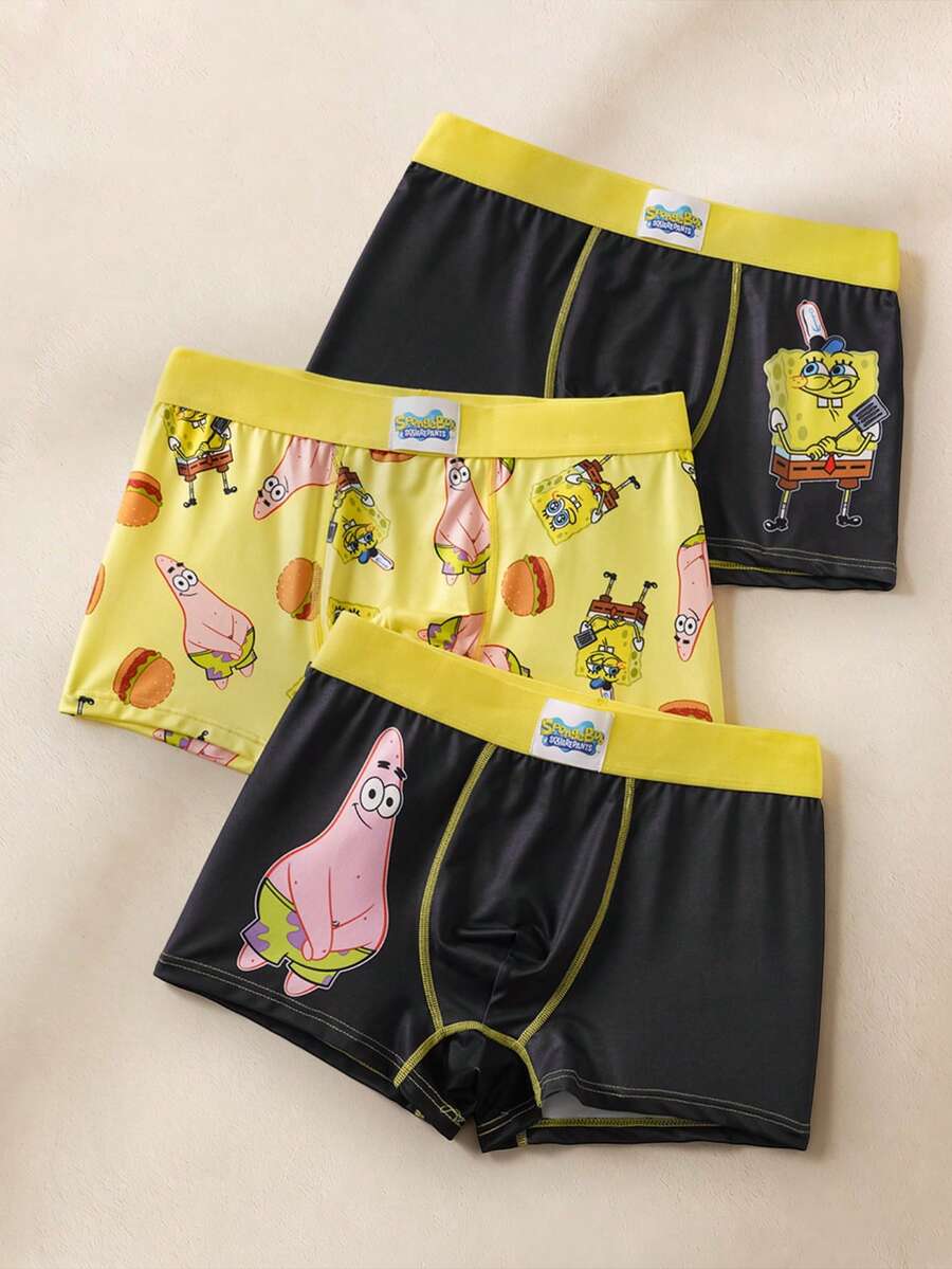 SpongeBob SquarePants | SHEIN 3件組男士卡通印花四角內褲 - 黑色 - 查看 1