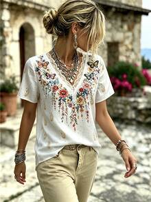 SHEIN Floral Butterfly Pattern Contrast Lace V-Neck Short Sleeve Blouse For Middle-Aged And Elderly Women - White - View 5
