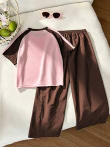 SHEIN 少女運動風拼色圓領短袖T恤與長褲套裝 返校季 - 棕色 - 查看 2