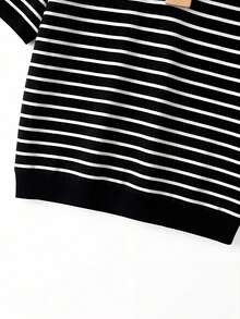 SHEIN PETITE CURVE Women's Plus Size Casual Striped Short Sleeve T-Shirt, Summer - Black and White - View 4