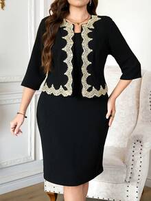 Ellevyn Fashion Elegant Lace Decor Top Dress 2 Pieces Set Plus Size Cocktail Gym Brown Autumn Fall - Black - View 7