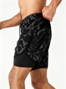 Coreblaze Manfinity Fitness 男士抽繩腰 2 合 1 彈性運動短褲，附手機口袋，健身短褲、籃球短褲，適合學校使用 - 黑色 - 查看 5