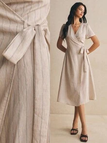 Poéselle Women's Striped Side Waist Tie Short Sleeve Casual Dress - Apricot - View 2