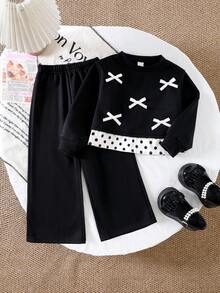 SHEIN Young Girl Korean Style Energetic Loose Black Sweatshirt 2 In 1 Bowknot Pattern 2-Piece Set - Black - View 9
