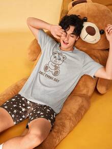 SHEIN Men's Bear & Star Print Crew Neck Loungewear/Casual Set - Light Grey - View 1