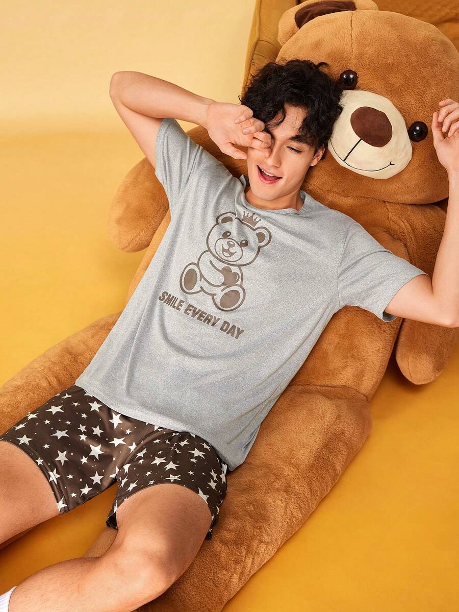 SHEIN Men's Bear & Star Print Crew Neck Loungewear/Casual Set - Light Grey - View 1