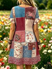 Selamara Bohemian Pastoral Patchwork Floral Print Short Dress, V-Neck Loose Short Sleeve Cover-Up Dress, Casual Short Dress For Countryside And Beach Vacation - Multicolor - View 2