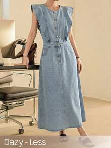 DAZY Spring Summer Women's Round Neck Button Half-Placket Pocket Casual Denim Dress - Blue - View 6