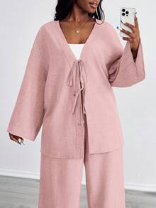 SHEIN PETITE CURVE 大尺碼女款休閒兩件套 前綁帶長袖上衣與長褲套裝 素色粉色 適合海灘正式度假商務穿搭 夏季秋季 - 藕粉色 - 查看 6