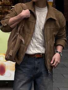 DAZY Autumn Solid Brown Suede Pleated Inner Lining Design Men's Jacket And Coat - Brown - View 4