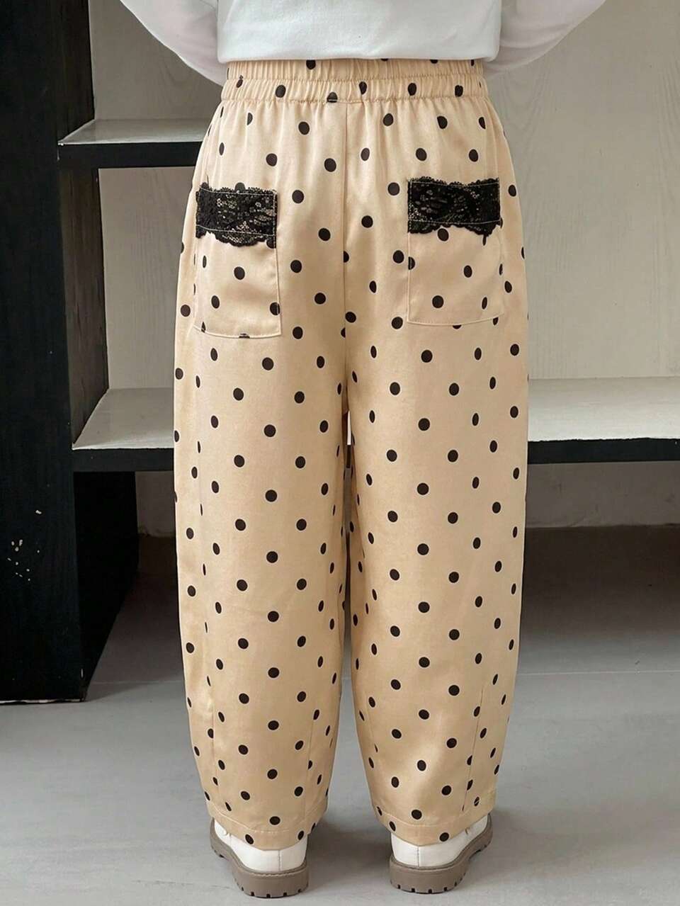 Polka Dot Colorblock Cuffed Cute Casual Long Pants For Young Girls