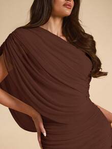 SHEIN BAE Autumn Solid Dark Brown Asymmetrical Shoulder Women's Elegant Fitted Bodycon Mesh Extra Long Fishtail Dress, Flowy Dress, Vacation, Beach Formal Party - Coffee Brown - View 6