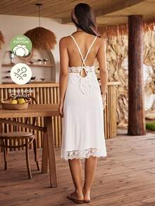 Lullawish Camisón de mujer de mezcla de algodón con patchwork de encaje y espalda hueca, estilo bohemio y cómodo - Blanco - Ver 1