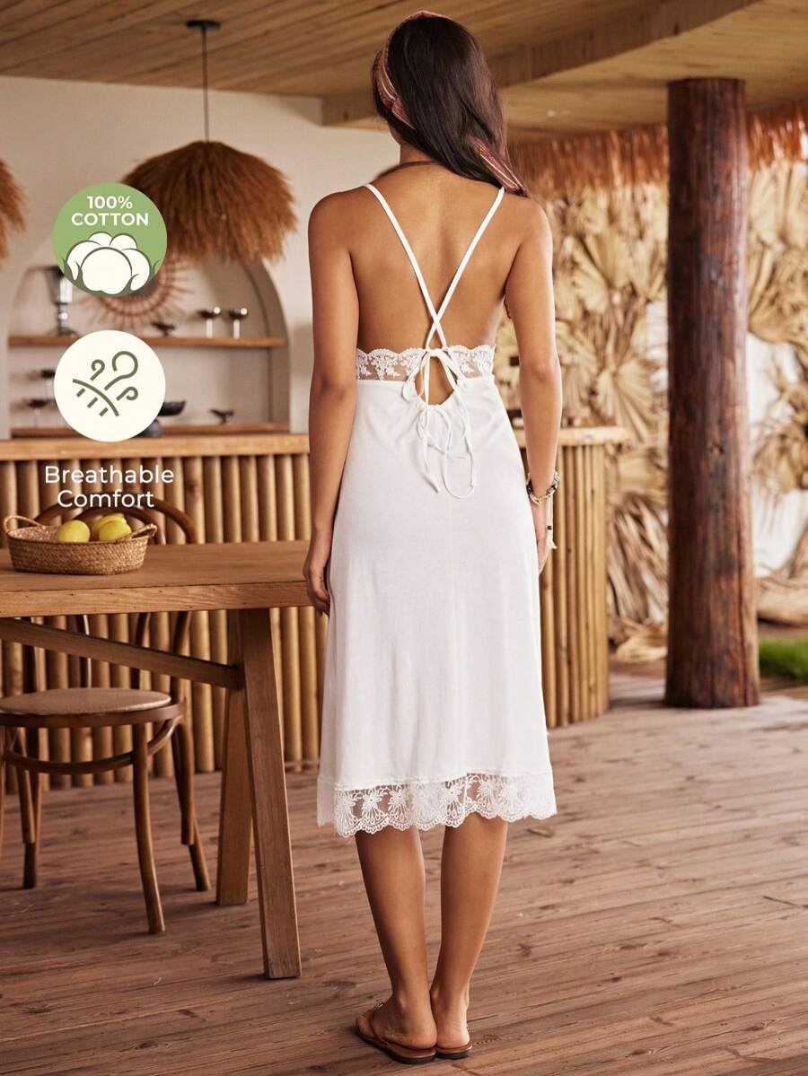 Lullawish Camisón de mujer de mezcla de algodón con patchwork de encaje y espalda hueca, estilo bohemio y cómodo - Blanco - Ver 1