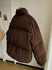 SHEIN 青少年女孩時尚立領燈芯絨長袖加厚外套，適合秋冬穿著，時尚版型外衣 - 棕色 - 查看 2