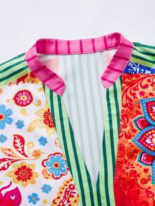 Rusticease Plus Size Casual Vacation Floral Print Patchwork Shirt - Multicolor - View 3