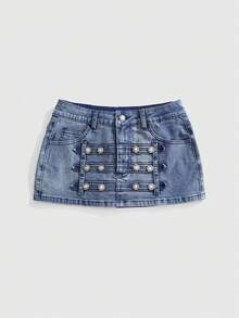 ROMWE Grunge Punk Punk Cavalry Button Design Ultra Low Waist Mini Bodycon Denim Skirt - Blue - View 1