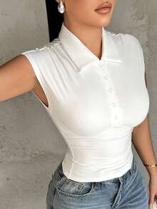 SHEIN SXY Weißes Sommer-T-Shirt für Damen, sexy und schick für den Abend, mit Polokragen, Knopfleiste und figurbetonter Taille, lässiges einfarbiges Kurzarm-Sommertopp, elegante Business-Bluse - Weiss - Übersicht 4