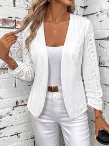 SHEIN Clasi Women's Elegant Open Front Pleated Long Sleeve Versatile Black Jacket - White - View 1