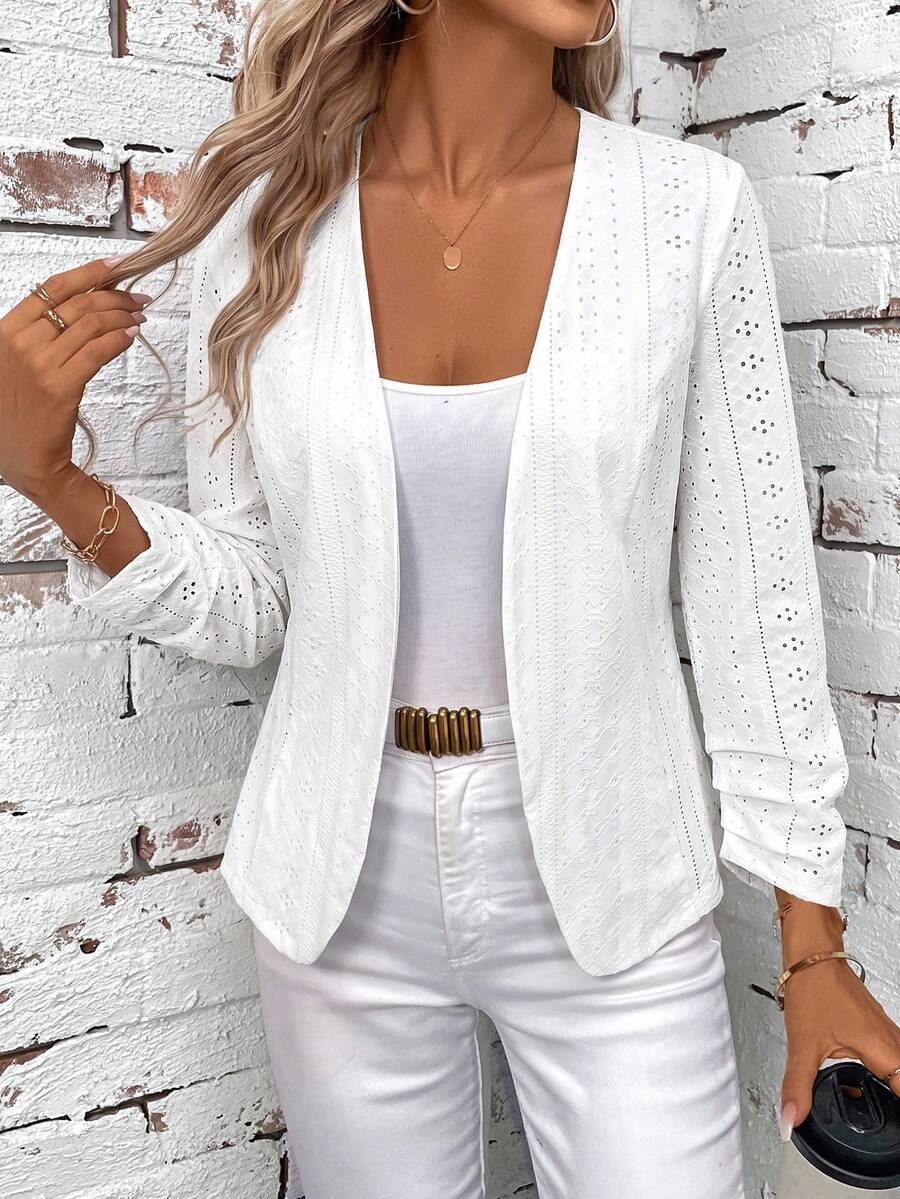 SHEIN Clasi Women's Elegant Open Front Pleated Long Sleeve Versatile Black Jacket - White - View 1