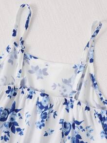 2pcs/Set Girls Spring/Autumn Casual Knitted Ribbed Bow Decor Cardigan Top And Printed Spaghetti Strap Simple Dress Back To School - Blue - View 5