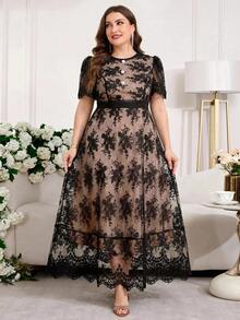 Reflora Plus Size Lace Patchwork Round Neck Elegant Short Sleeve Dress - Black - View 4