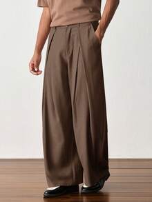 SWAVVY Men's Solid Color Pleated Casual Versatile Daily Travel Long Pants - Brown - View 5